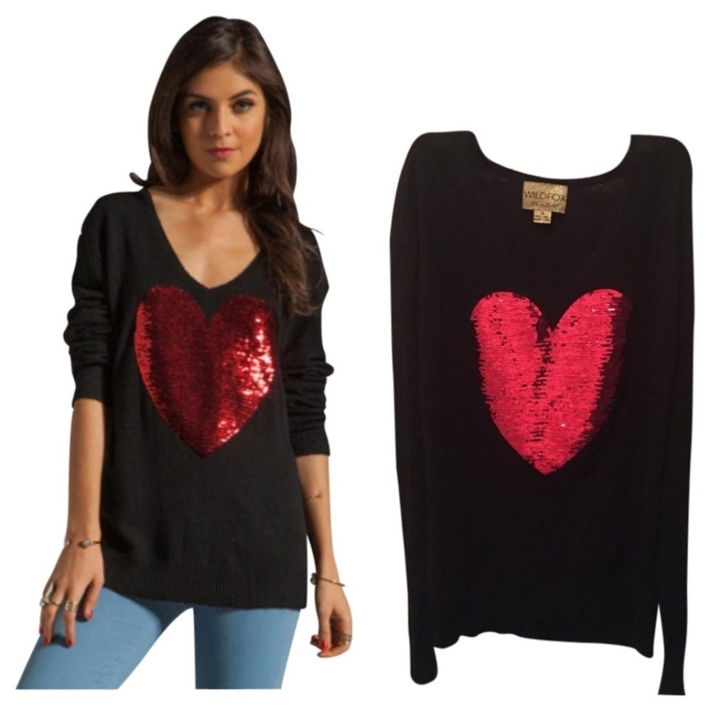Wildfox White Label Black Red Sequin Heart Sweater
